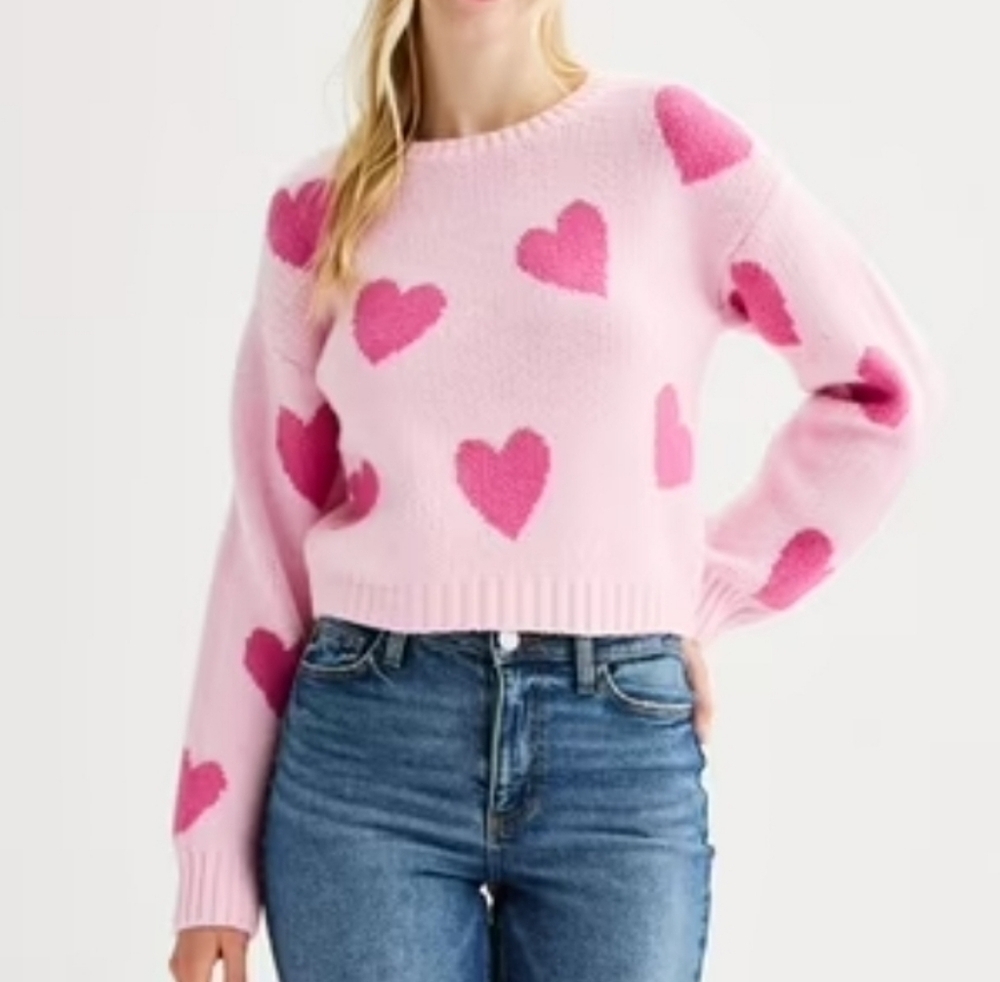 SO Crewneck Drop-Shoulder Pullover Cropped Sweater, Pink Hearts, Size XS